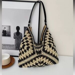 Elegant Cream and Black Crochet Hobo Bag